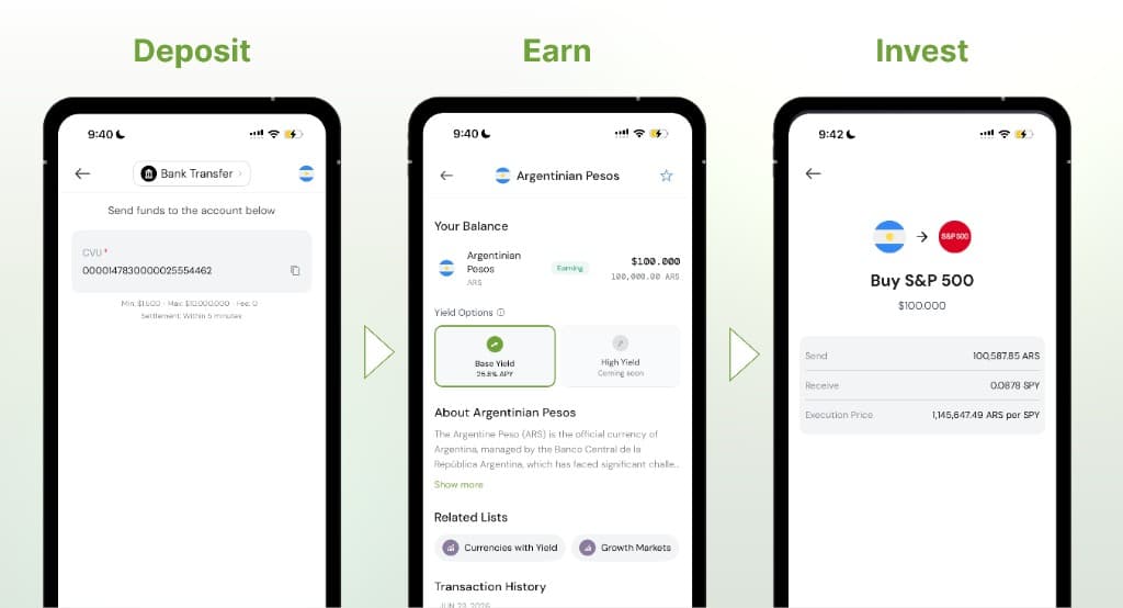 Grow deposit, earn yield, and invest flow using Argentine Pesos
