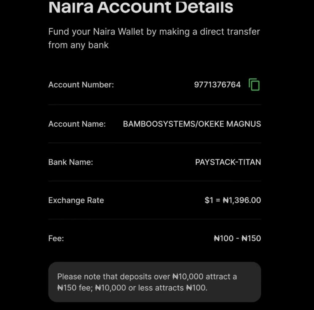 Bamboo Naira Account Details screen showing local bank transfer funding with exchange rate and fees