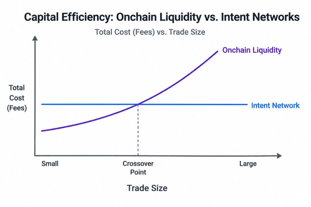 Chart comparing total execution cost for onchain liquidity versus intent networks across small, crossover, and large trade sizes