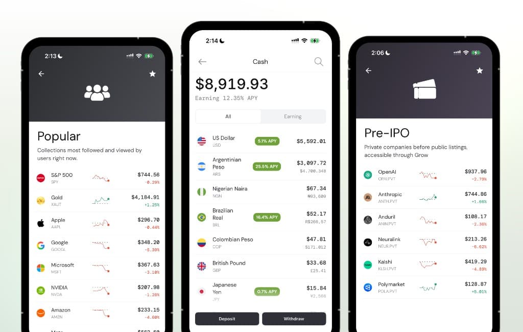 Grow app showing popular assets, multi-currency cash balances, and pre-IPO investments