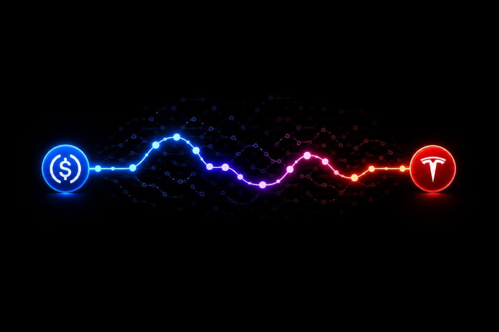Glowing route from USDC stablecoin to Tesla tokenized equity across a network of execution venues