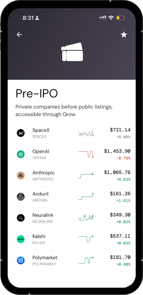 Grow app pre-IPO companies screen